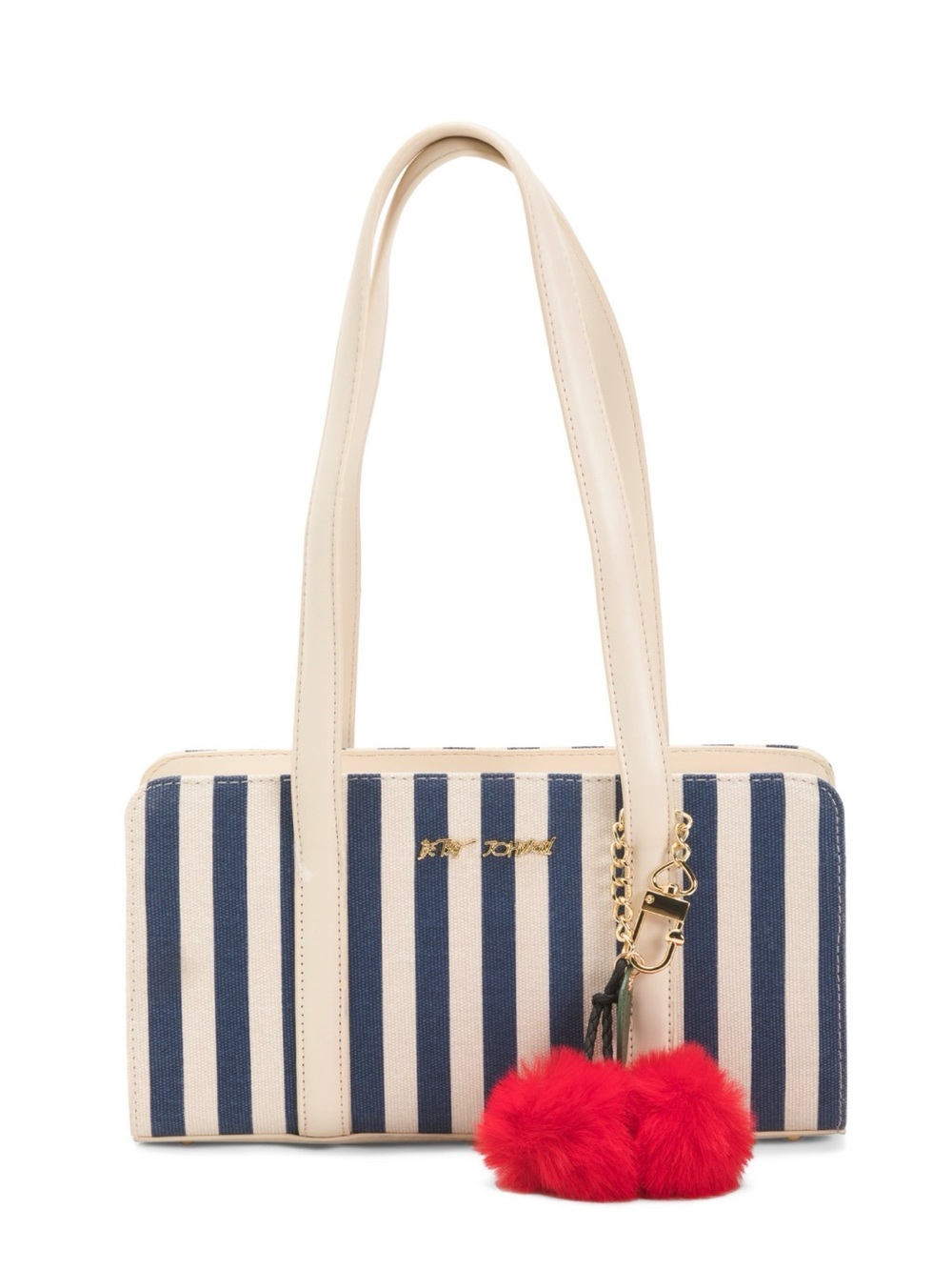Betsey Johnson Navy and Cream Stripe Tote with Red Pom Pom Charm